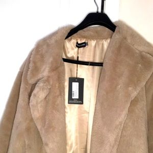 Taupe Belted Faux Fur Coat